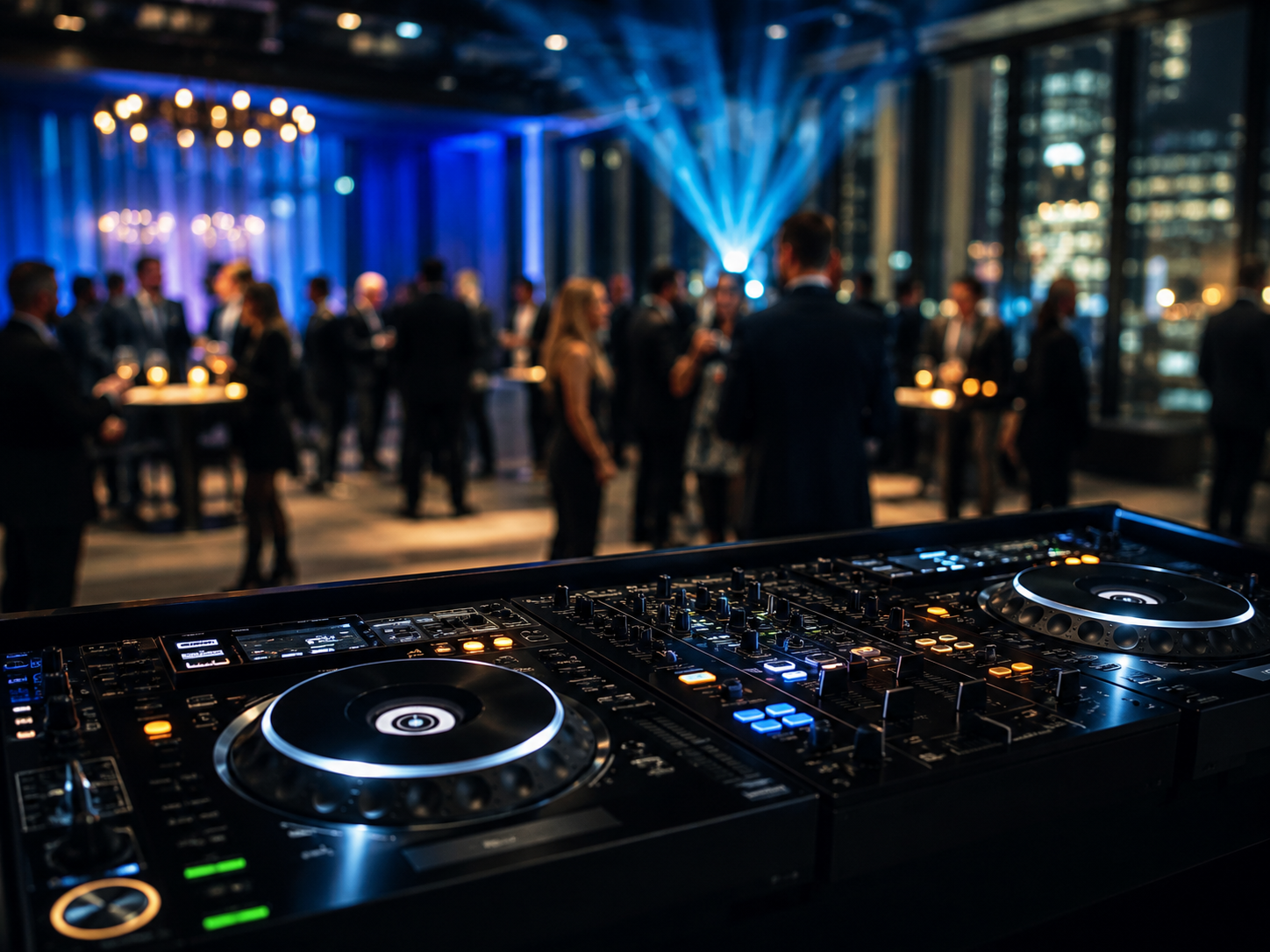 Premium DJ decks at a corporate event with guests networking in a city ballroom